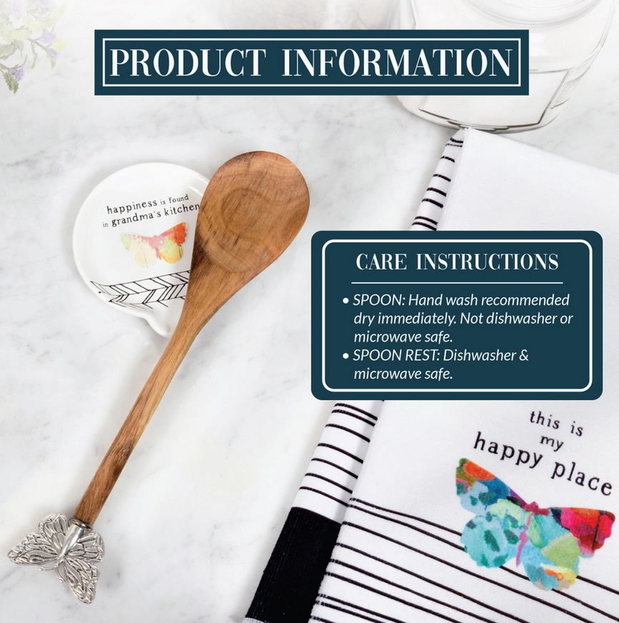 Happiness is Found in Grandma's Kitchen, Butterfly Wooden Spoon & Spoon Rest Gift Set