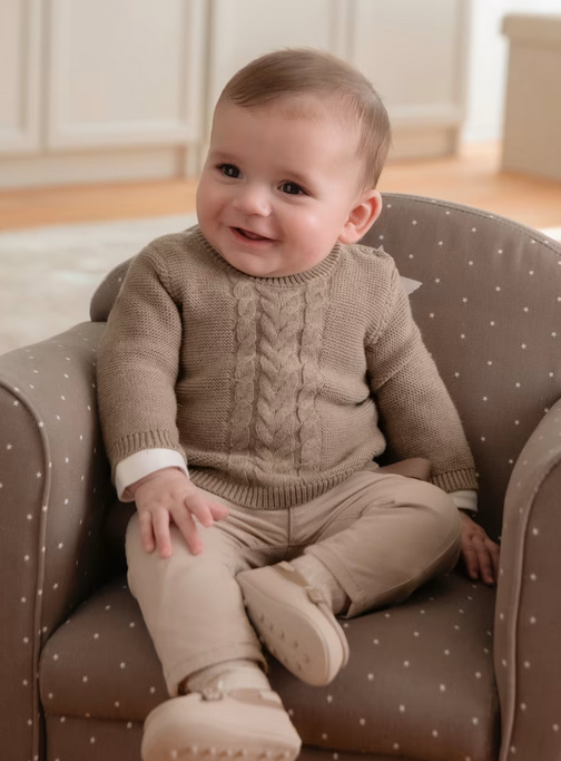 2305 Infant Boys Cable Knit Crewneck - Tiramisu