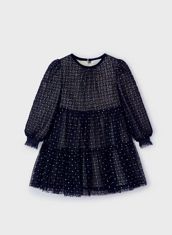 4910 Mini Girls Tulle Overlay Printed Dress - Navy & Gold