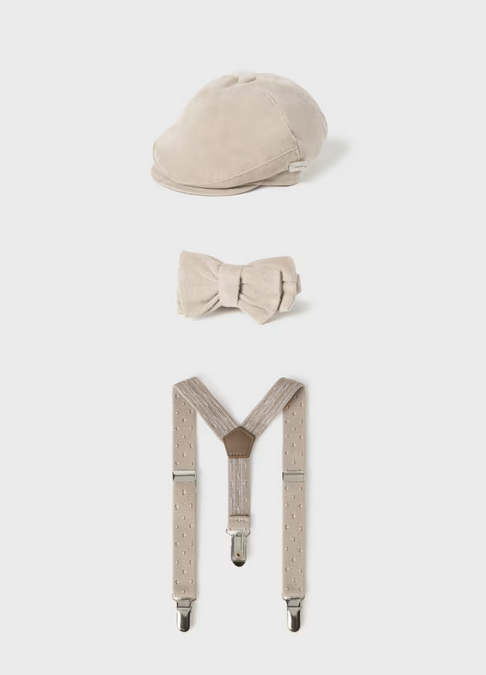 9771 Baby Boy Beret and Suspenders Set - Neutral Toasted Almond