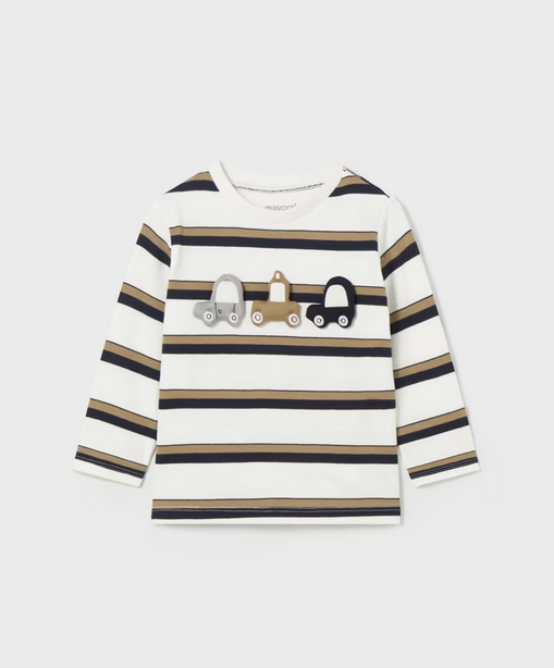 2037 Baby & Toddler Printed 3D Puffy Cars L/S Striped TShirt - Tan/Navy