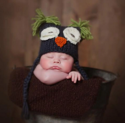 Blueberry Hill Knit Baby Owl Hat - Charcoal Grey/Green