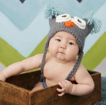 Blueberry Hill Knit Baby Owl Hat - Charcoal Grey/Sky Blue