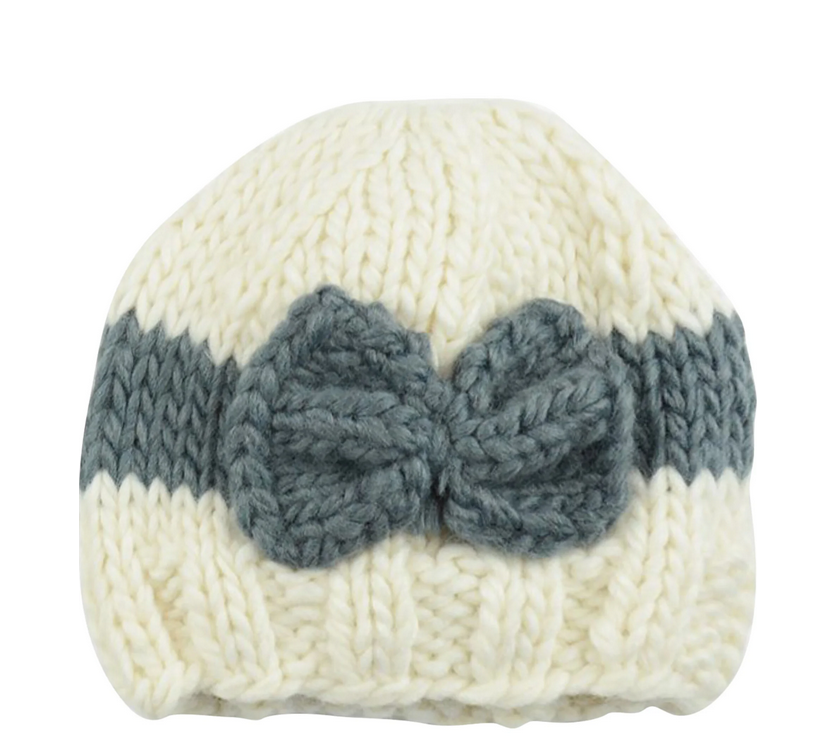 Blueberry Hill Knit Beanie Hat - White w/Grey Bow