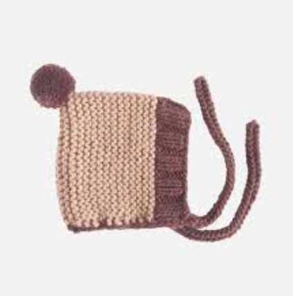 Blueberry Hill Bonnet Knit PomPom Hat w/Tie - Gender Neutral/UNISEX, Brown/Hazelnut