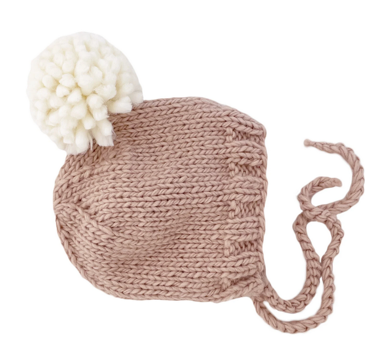 Blueberry Hill Gender Neutral/UNISEX Ari Knit Bonnet Mocha Hat w/XL White Pompom w/Tie