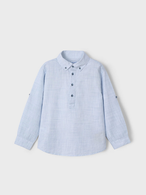 3118 Mini Boy Light Linen Fold-Up Sleeve Collared Shirt - Pearl Blue