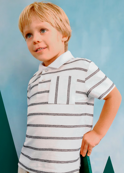 3107 Mini Boy Striped Polo Shirt - Cream