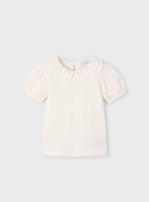 3055 Mini Girls Eco-Sustainable Puff Sleeve Crochet Petal Collar TShirt - Bone