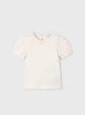 3055 Mini Girls Eco-Sustainable Puff Sleeve Crochet Petal Collar TShirt - Bone