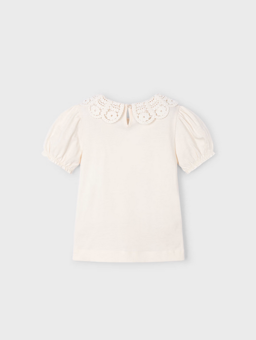 3055 Mini Girls Eco-Sustainable Puff Sleeve Crochet Petal Collar TShirt - Bone