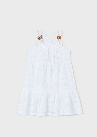 3936 Mini Girls Eco-Sustainable Open Knit Wood Bead Sundress/Swim Cover Up - White