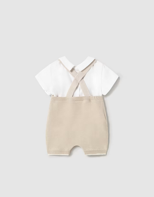 1607 Infant Classic Knit Overall Romper & Shirt Set - UNISEX Neutral Stone Teddy Bear