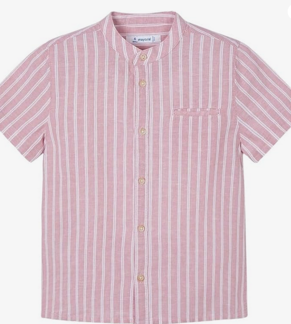 3113 Mini Boys Mandarin Collar Button Up Shirt - Guava Stripe