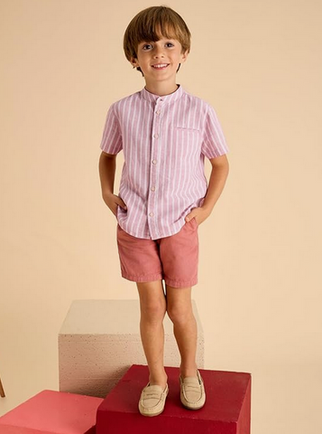 3113 Mini Boys Mandarin Collar Button Up Shirt - Guava Stripe