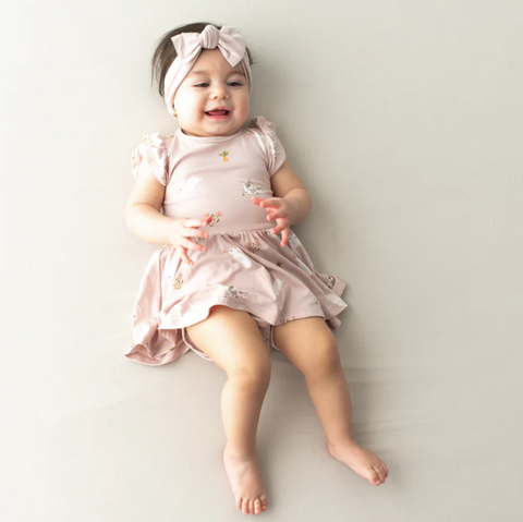 Kyte Bamboo Capsleeve Flutter Twirl Bodysuit Dress - Blush Bunny Rabbit