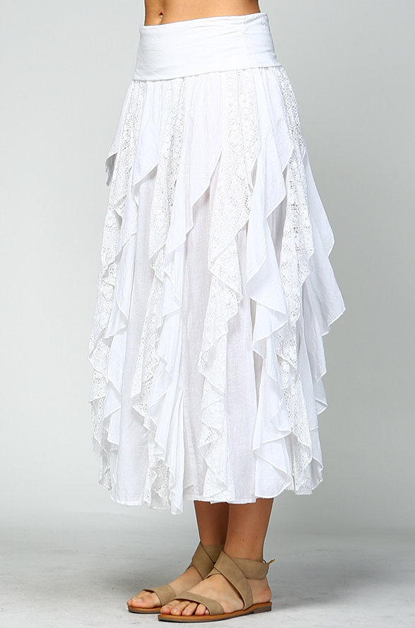 Women's 100% Cotton Boho Fold Over Waist, Crochet Lace Spiral Maxi Skirt - White