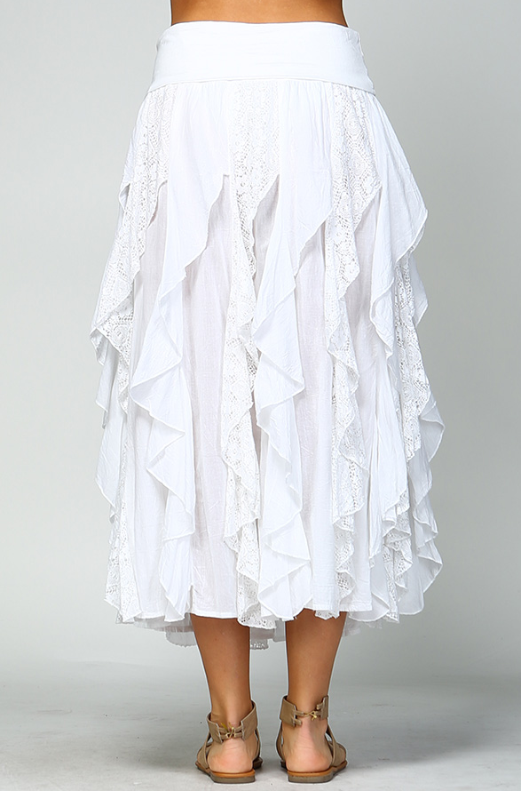 Women's 100% Cotton Boho Fold Over Waist, Crochet Lace Spiral Maxi Skirt - White