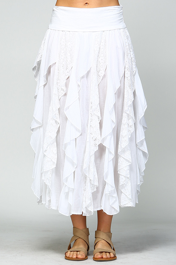 Women's 100% Cotton Boho Fold Over Waist, Crochet Lace Spiral Maxi Skirt - White