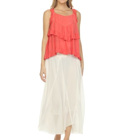 Women's 100% Cotton Boho Fold Over Waist, Flowy Assymetric Maxi Skirt - White