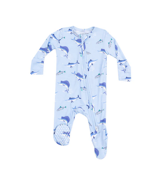 Angel Dear Bamboo L/S 2 Way Zipper Footie - Deep Sea Fishing Blue