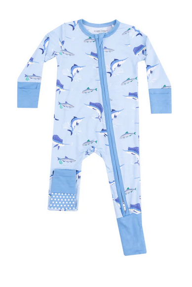 Angel Dear Bamboo L/S 2 Way Zipper Convertible Romper - Deep Sea Fishing Blue