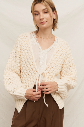 Women's Chunky Bubble Knit, Front Tie Cardigan Sweater - Ivory