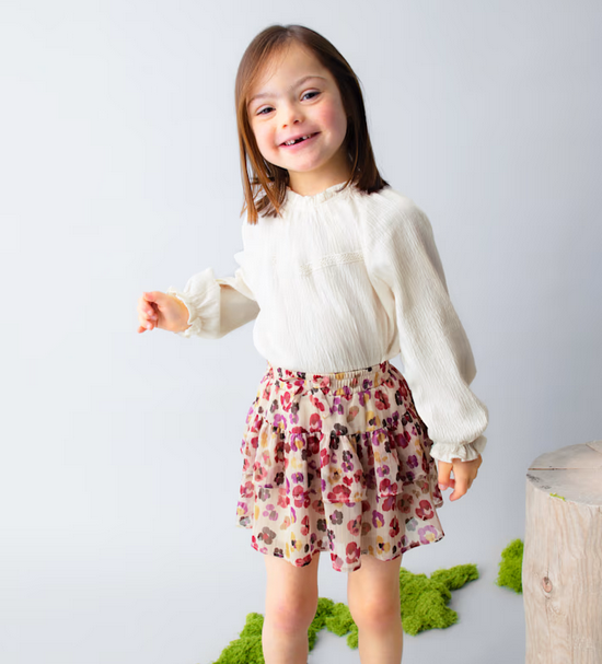 4003 Mini Girls Flowy Bambula Ruffled L/S Shirt - Natural Strawberries
