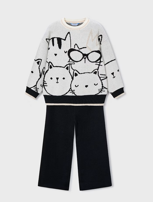 4583 Mini Girls Eco-Recycled Fibers 2PC Knit Sweater and Wide Leg Knit Pant Set - Kitty Cat Black