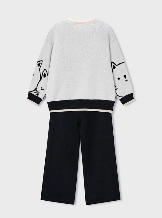 4583 Mini Girls Eco-Recycled Fibers 2PC Knit Sweater and Wide Leg Knit Pant Set - Kitty Cat Black