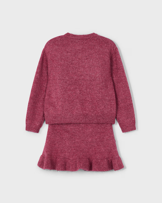 4934 Mini Girls Eco-Recycled Fibers 2PC Tricot Knit Sweater and Skirt Set - Cherry Red