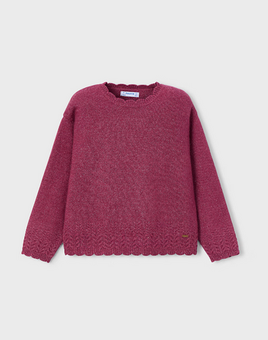 4302 Mini Girls Scalloped Trim Lurex Knit Smooth Sweater - Cherry