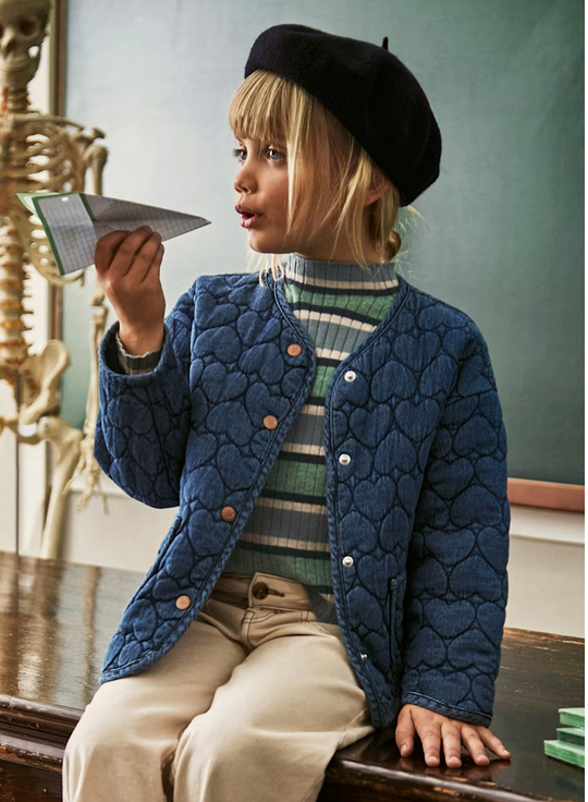 4442 Mini Girls Quilted Hearts Denim Jacket - Medium Blue hearts allover embroidery