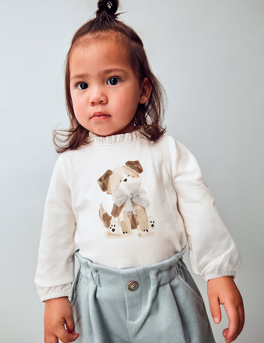 2075 Toddler Girls Eco-Sustainable Cotton L/S 3D Tulle Graphic T-Shirt - Puppy Bow, Cream