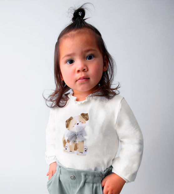 2075 Toddler Girls Eco-Sustainable Cotton L/S 3D Tulle Graphic T-Shirt - Puppy Bow, Cream