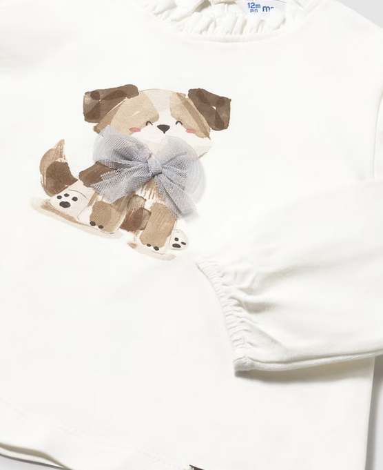 2075 Toddler Girls Eco-Sustainable Cotton L/S 3D Tulle Graphic T-Shirt - Puppy Bow, Cream