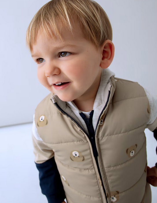 2348 Toddler Boy Eco-Recycled Materials Reversible Puffer Vest - Teddy Bear Color Block Navy