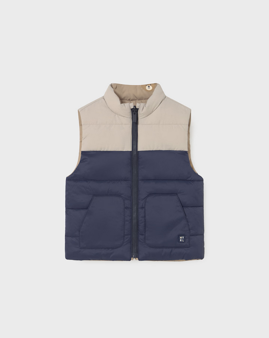 2348 Toddler Boy Eco-Recycled Materials Reversible Puffer Vest - Teddy Bear Color Block Navy
