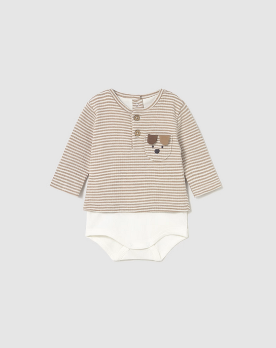 2728 Baby/Toddler Striped TShirt Bodysuit - 3D Puppy Pocket Brown Cookie