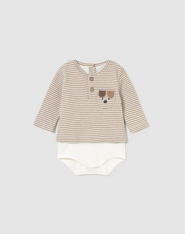 2728 Baby/Toddler Striped TShirt Bodysuit - 3D Puppy Pocket Brown Cookie