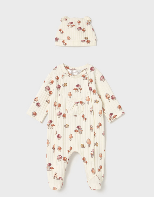 2705 Baby Ribbed Footie and Beanie Ear Hat Set UNISEX - Neutral Mushrooms