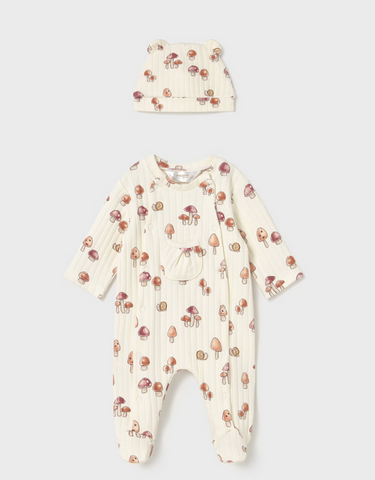 2705 Baby Ribbed Footie and Beanie Ear Hat Set UNISEX - Neutral Mushrooms