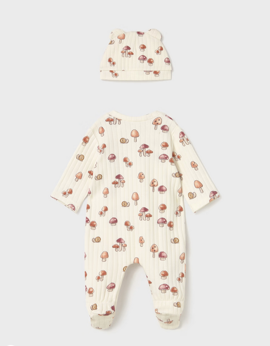 2705 Baby Ribbed Footie and Beanie Ear Hat Set UNISEX - Neutral Mushrooms