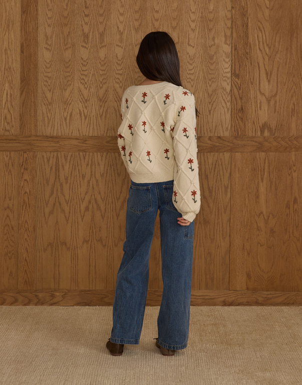 Rylee + Cru Tween/Teen Girls Boxy Cropped Embroidered Cardigan - Winter Daisy Natural