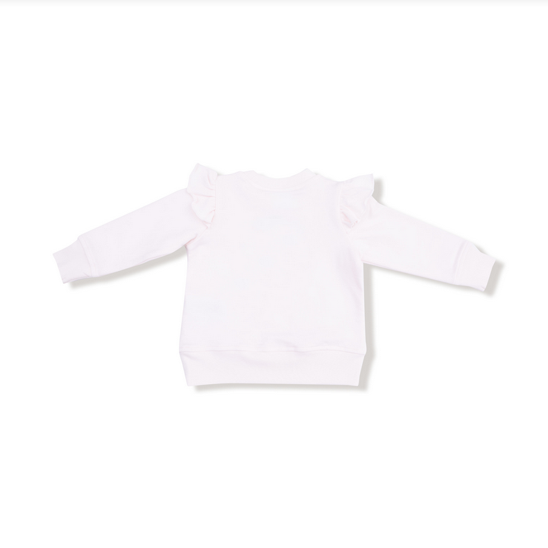 Angel Dear Ruffled Shoulder French Terry Sweatshirt - Embroidered Gingerbread House