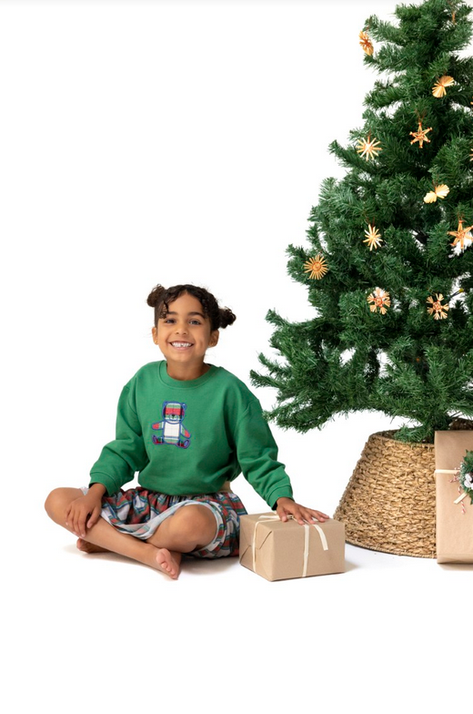 Angel Dear Drop Sleeve French Terry Sweatshirt - Embroidered Plaid Teddy Bear