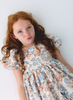 3928 Mini Girls Puff Sleeve Floral Print Dress - Salmon and Ocean Blue