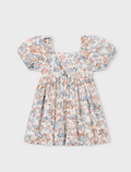 3928 Mini Girls Puff Sleeve Floral Print Dress - Salmon and Ocean Blue