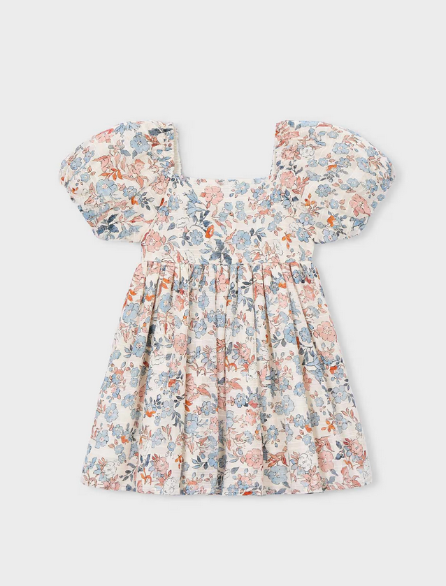3928 Mini Girls Puff Sleeve Floral Print Dress - Salmon and Ocean Blue