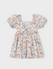 3928 Mini Girls Puff Sleeve Floral Print Dress - Salmon and Ocean Blue